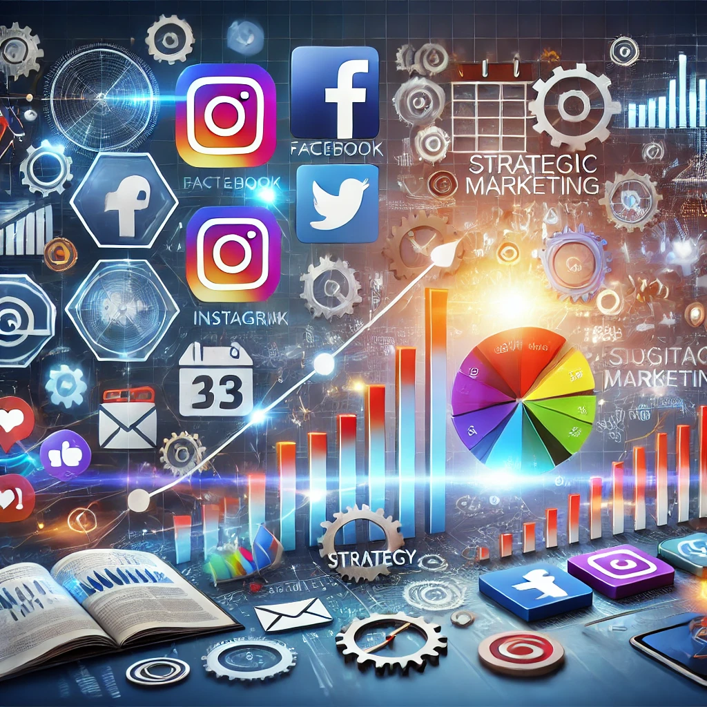 DALL·E 2024-10-08 17.44.59 - A dynamic and professional image showing various digital marketing elements like social media icons (Facebook, Instagram, LinkedIn), charts, graphs, a